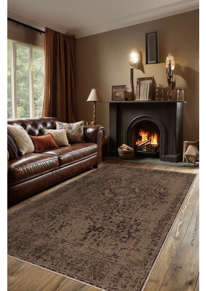 Vintage Halı Modern Motifli Kahverengi Kilim Desenli Dijital Şönil Halı