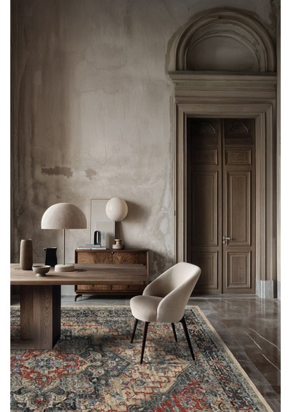 Vintage Halı Modern Motifli Bej Klasik Desenli Dijital Şönil Halı