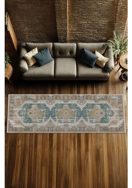 Vintage Halı Modern Motifli Yeşil Bej Kilim Desenli Dijital Şönil Halı fırsatları
