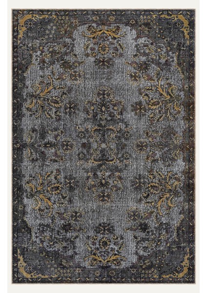 Vintage Gri ve Siyah Halı Eskitme Görünümlü Sarı ve Bej Detaylı Klasik Desenli Dijital Şönil Halı fiyatları
