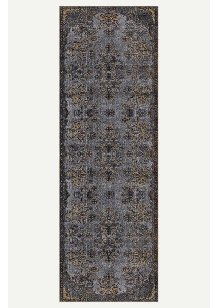Vintage Gri ve Siyah Halı Eskitme Görünümlü Sarı ve Bej Detaylı Klasik Desenli Dijital Şönil Halı indirimleri