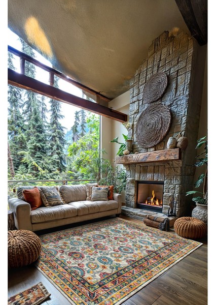 Vintage Halı Modern Motifli Turuncu Mavi Bej Kilim Desenli Dijital Şönil Halı