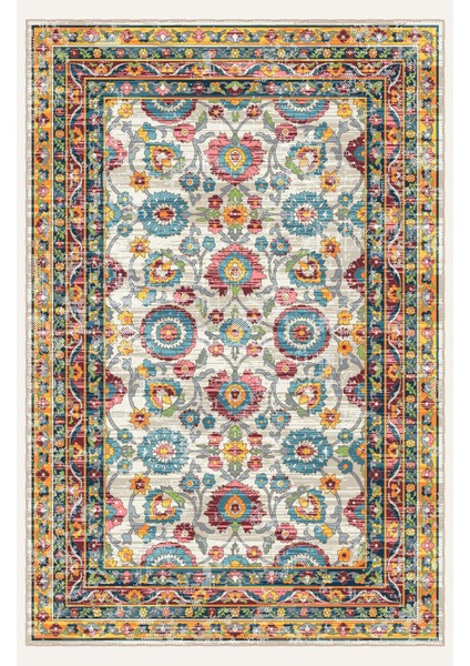 Vintage Halı Modern Motifli Turuncu Mavi Bej Kilim Desenli Dijital Şönil Halı fiyatları