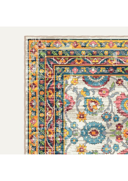 Vintage Halı Modern Motifli Turuncu Mavi Bej Kilim Desenli Dijital Şönil Halı modelleri
