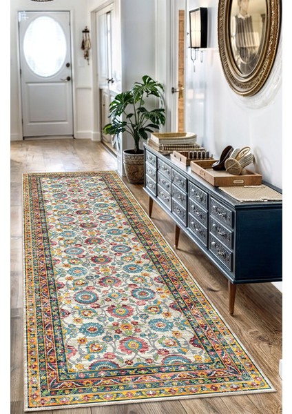 Vintage Halı Modern Motifli Turuncu Mavi Bej Kilim Desenli Dijital Şönil Halı fırsatları
