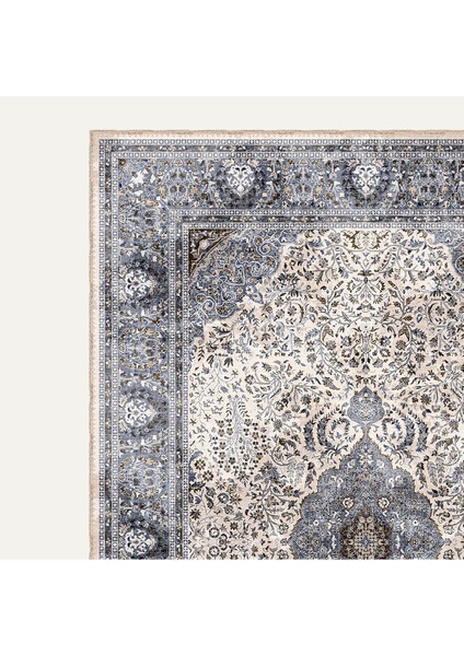 Vintage Mavi Medalyon Halı Çiçek Motifli Bej ve Lacivert Klasik Desenli Dijital Şönil Halı modelleri