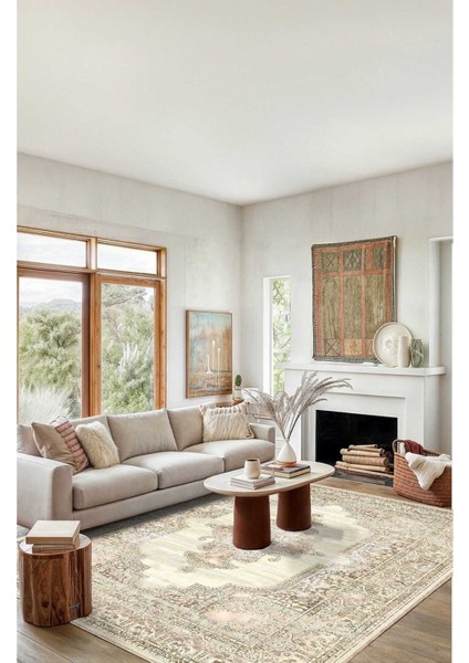 Bej ve Krem Tonlarında Zarif Fars Motifli Eskitilmiş Vintage Dijital Şönil Halı