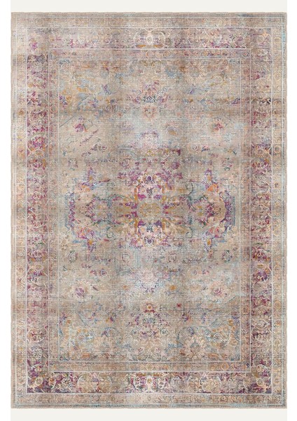 Vintage Bej Zemin ve Renkli Çiçekli Eskitme Dijital Şönil Halı fiyatları