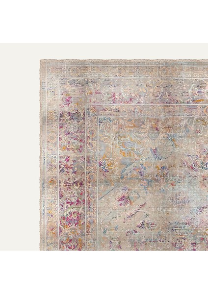 Vintage Bej Zemin ve Renkli Çiçekli Eskitme Dijital Şönil Halı modelleri