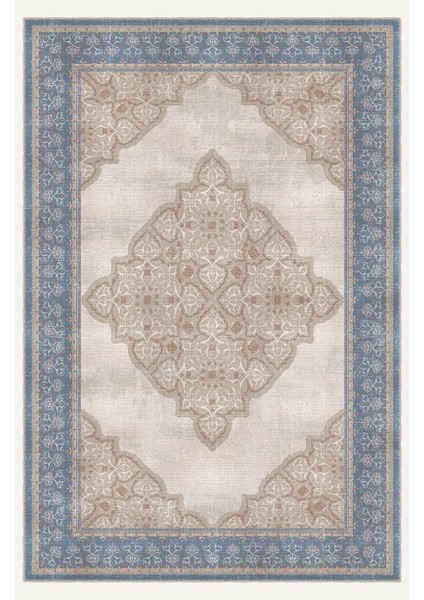 Vintage Halı Modern Motifli Bej ve Mavi Göbekli Desenli Dijital Şönil Halı