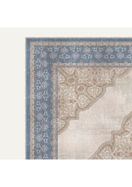 Vintage Halı Modern Motifli Bej ve Mavi Göbekli Desenli Dijital Şönil Halı