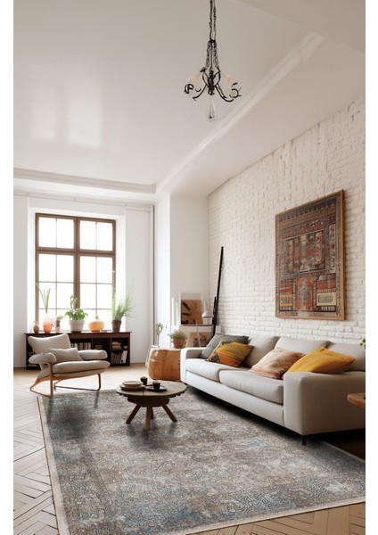 Vintage Tarz Bej ve Kahverengi Halı Mavi Çiçek Detaylı Eskitme Desenli Dijital Şönil Halı