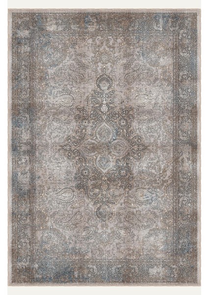 Vintage Tarz Bej ve Kahverengi Halı Mavi Çiçek Detaylı Eskitme Desenli Dijital Şönil Halı fiyatları