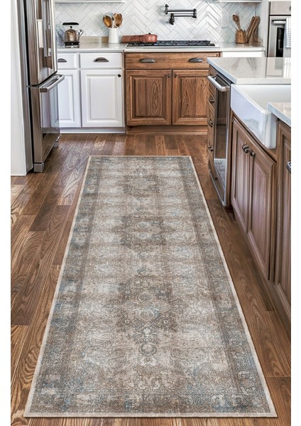 Vintage Tarz Bej ve Kahverengi Halı Mavi Çiçek Detaylı Eskitme Desenli Dijital Şönil Halı fırsatları