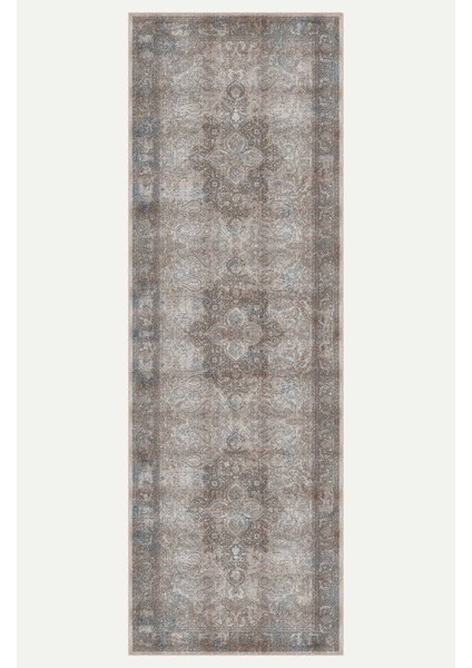 Vintage Tarz Bej ve Kahverengi Halı Mavi Çiçek Detaylı Eskitme Desenli Dijital Şönil Halı indirimleri