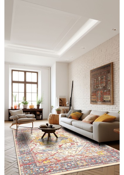 Renkli Heriz Desenli, Sarı ve Kırmızı Detaylı Eskitilmiş Vintage Dijital Şönil Halı