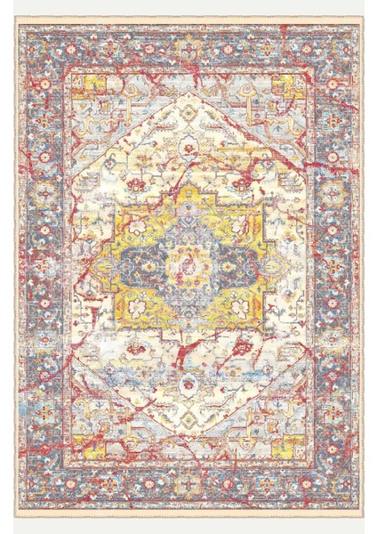 Renkli Heriz Desenli, Sarı ve Kırmızı Detaylı Eskitilmiş Vintage Dijital Şönil Halı fiyatları