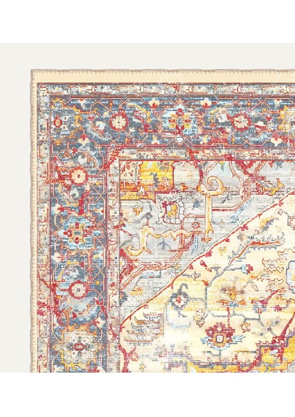 Renkli Heriz Desenli, Sarı ve Kırmızı Detaylı Eskitilmiş Vintage Dijital Şönil Halı modelleri