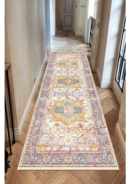 Renkli Heriz Desenli, Sarı ve Kırmızı Detaylı Eskitilmiş Vintage Dijital Şönil Halı fırsatları