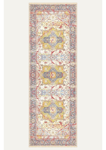 Renkli Heriz Desenli, Sarı ve Kırmızı Detaylı Eskitilmiş Vintage Dijital Şönil Halı indirimleri