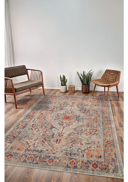 Vintage Halı Göbekli Motifli Gri ve Bej Klasik Dijital Şönil Halı