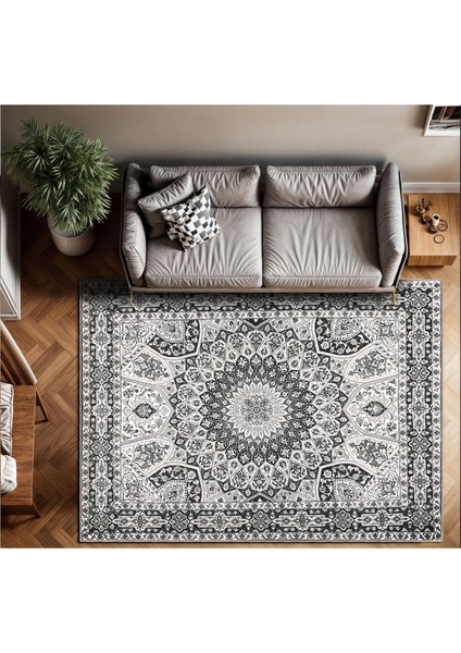 Siyah ve Beyaz Mandala Motifli, Klasik ve Modern Vintage Dijital Şönil Halı