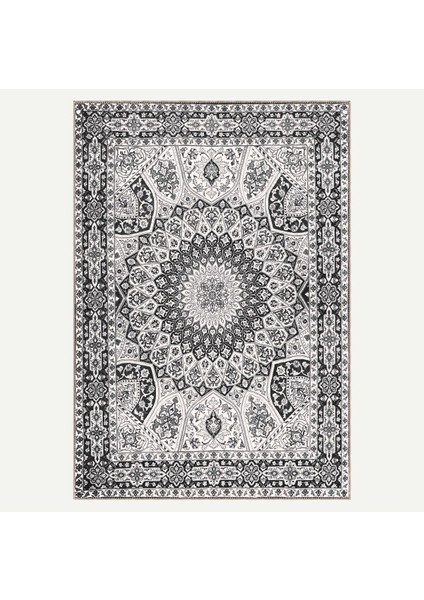 Siyah ve Beyaz Mandala Motifli, Klasik ve Modern Vintage Dijital Şönil Halı fiyatları