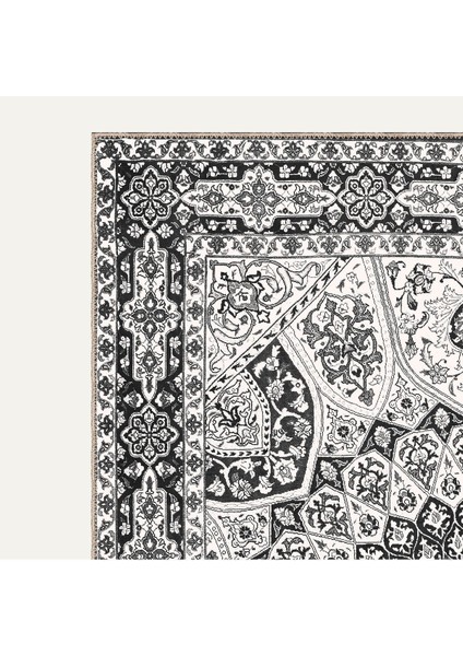 Siyah ve Beyaz Mandala Motifli, Klasik ve Modern Vintage Dijital Şönil Halı modelleri