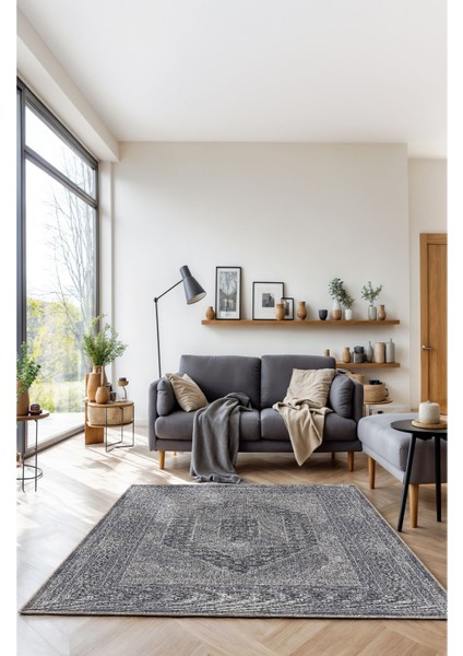 Koyu Mavi ve Gri Vintage Medallion Desenli Dijital Şönil Halı