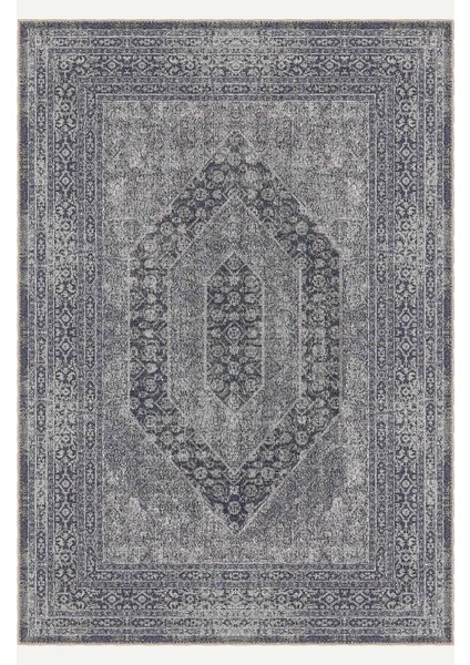 Koyu Mavi ve Gri Vintage Medallion Desenli Dijital Şönil Halı fiyatları