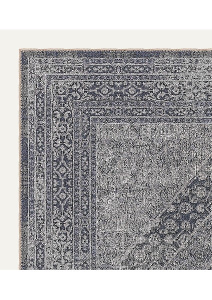 Koyu Mavi ve Gri Vintage Medallion Desenli Dijital Şönil Halı modelleri