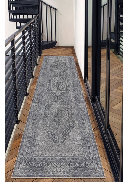 Koyu Mavi ve Gri Vintage Medallion Desenli Dijital Şönil Halı fırsatları