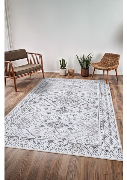 Vintage Halı Geometrik Motifli Grij Klasik Dijital Şönil Halı