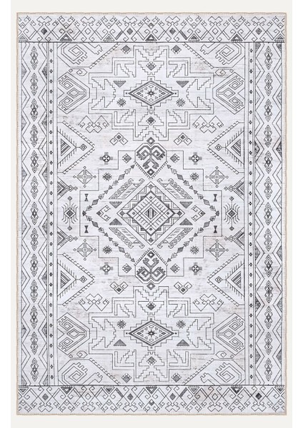 Vintage Halı Geometrik Motifli Grij Klasik Dijital Şönil Halı
