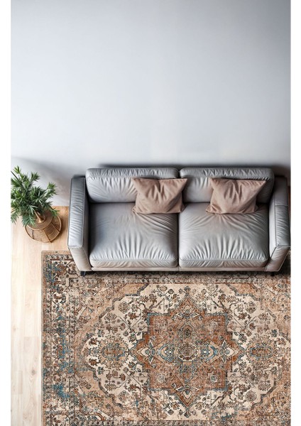 Vintage Tarz Bej ve Kahverengi Halı Mavi Detaylı Eskitme Desenli Dijital Şönil Halı