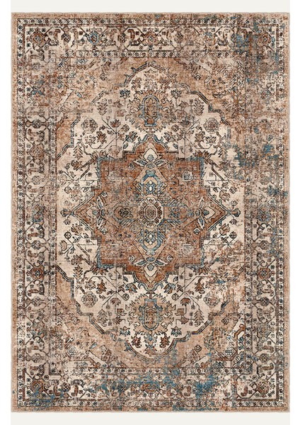 Vintage Tarz Bej ve Kahverengi Halı Mavi Detaylı Eskitme Desenli Dijital Şönil Halı fiyatları