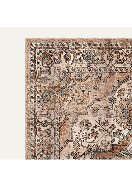 Vintage Tarz Bej ve Kahverengi Halı Mavi Detaylı Eskitme Desenli Dijital Şönil Halı modelleri