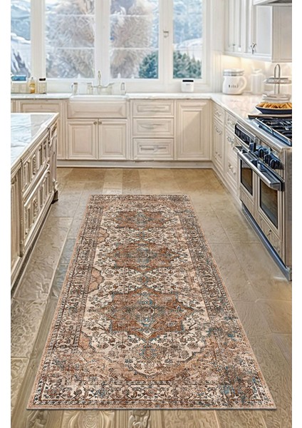 Vintage Tarz Bej ve Kahverengi Halı Mavi Detaylı Eskitme Desenli Dijital Şönil Halı fırsatları