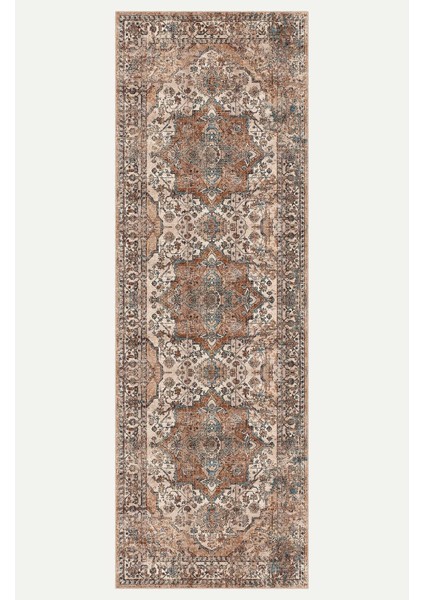 Vintage Tarz Bej ve Kahverengi Halı Mavi Detaylı Eskitme Desenli Dijital Şönil Halı indirimleri