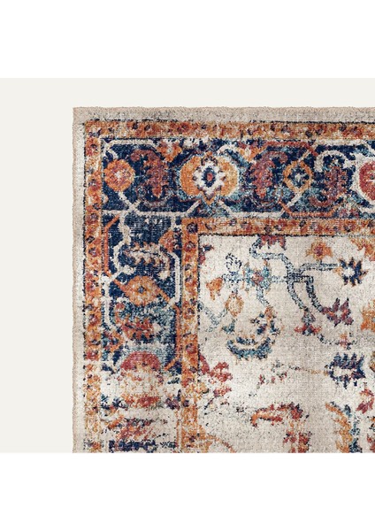 Vintage Şönil Halı - Krem Zemin Üzerine Mavi ve Turuncu Floral Desenli Dijital Şönil Halı modelleri