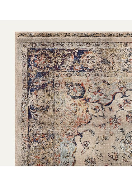 Bej Mavi ve Kırmızı Tonlarında Çiçek Desenli Vintage Halı Dijital Şönil Halı modelleri