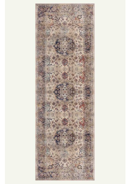 Bej Mavi ve Kırmızı Tonlarında Çiçek Desenli Vintage Halı Dijital Şönil Halı indirimleri