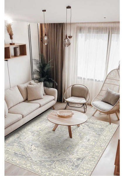 Pastel Gri ve Bej Tonlarında Vintage Tarzı Geometrik Halı Zarif ve Minimalist Dijital Şönil Halı