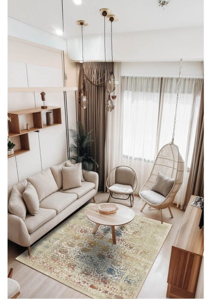Renkli Çiçek Motifli Vintage Desenli Salon Halısı, Dokuma Taban Dekoratif Şönil Halı