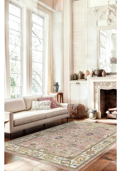 Pembe Çiçek Desenli Geleneksel Vintage Salon Halısı, Dokuma Taban Dekoratif Şönil Halı