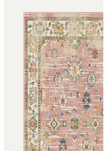 Pembe Çiçek Desenli Geleneksel Vintage Salon Halısı, Dokuma Taban Dekoratif Şönil Halı modelleri