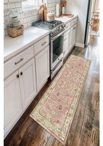 Pembe Çiçek Desenli Geleneksel Vintage Salon Halısı, Dokuma Taban Dekoratif Şönil Halı fırsatları