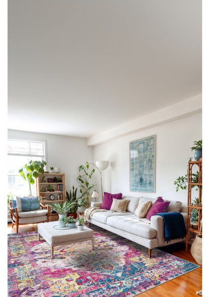 Canlı Renkli Vintage Halı - Pembe, Sarı ve Mavi Dijital Şönil Halı