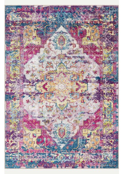 Canlı Renkli Vintage Halı - Pembe, Sarı ve Mavi Dijital Şönil Halı fiyatları