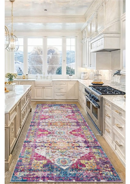 Canlı Renkli Vintage Halı - Pembe, Sarı ve Mavi Dijital Şönil Halı fırsatları
